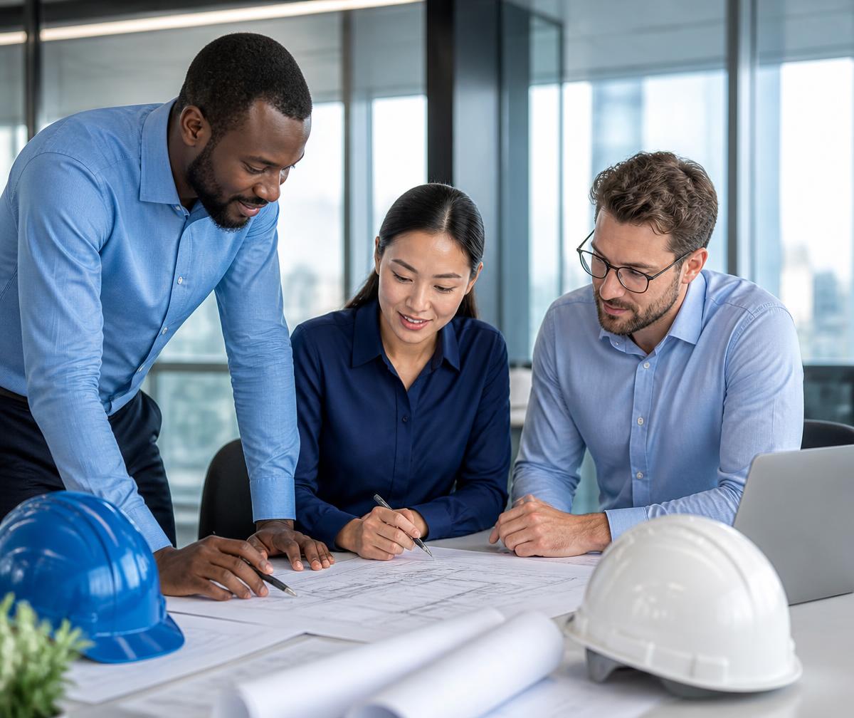 Equipe de consultoria em engenharia e segurança do trabalho analisando projetos