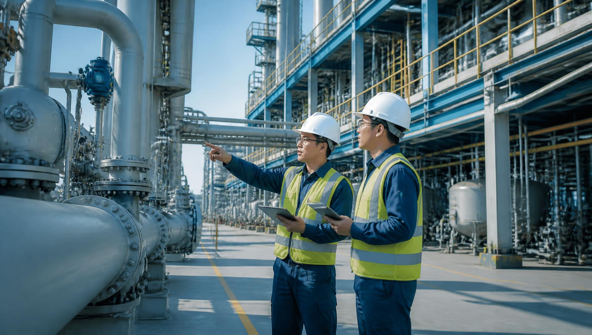 Engenheiros de segurança do trabalho inspecionando uma planta industrial